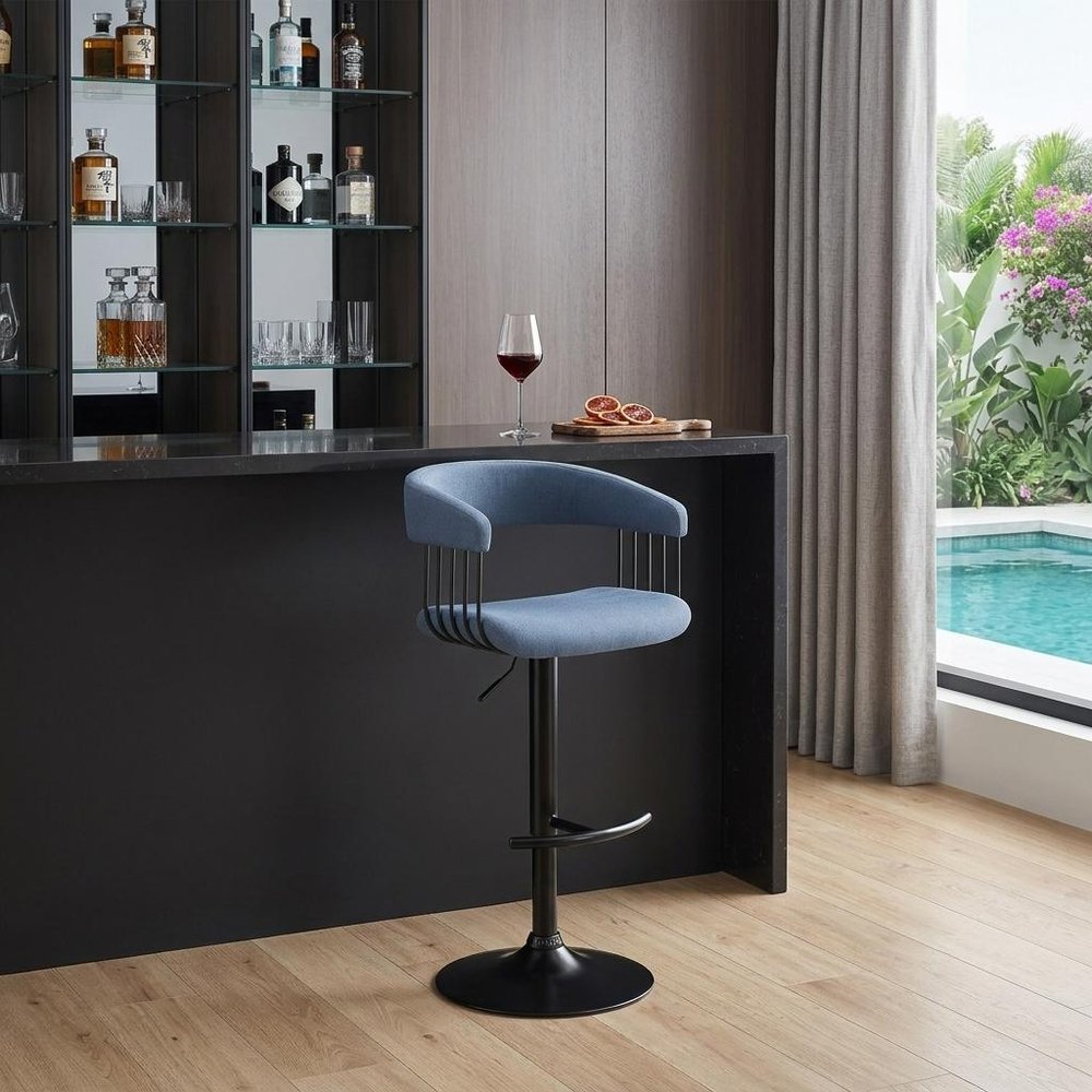 Blue And Black Fabric And Metal Adjustable Height Swivel Bar Chair HomeRoots