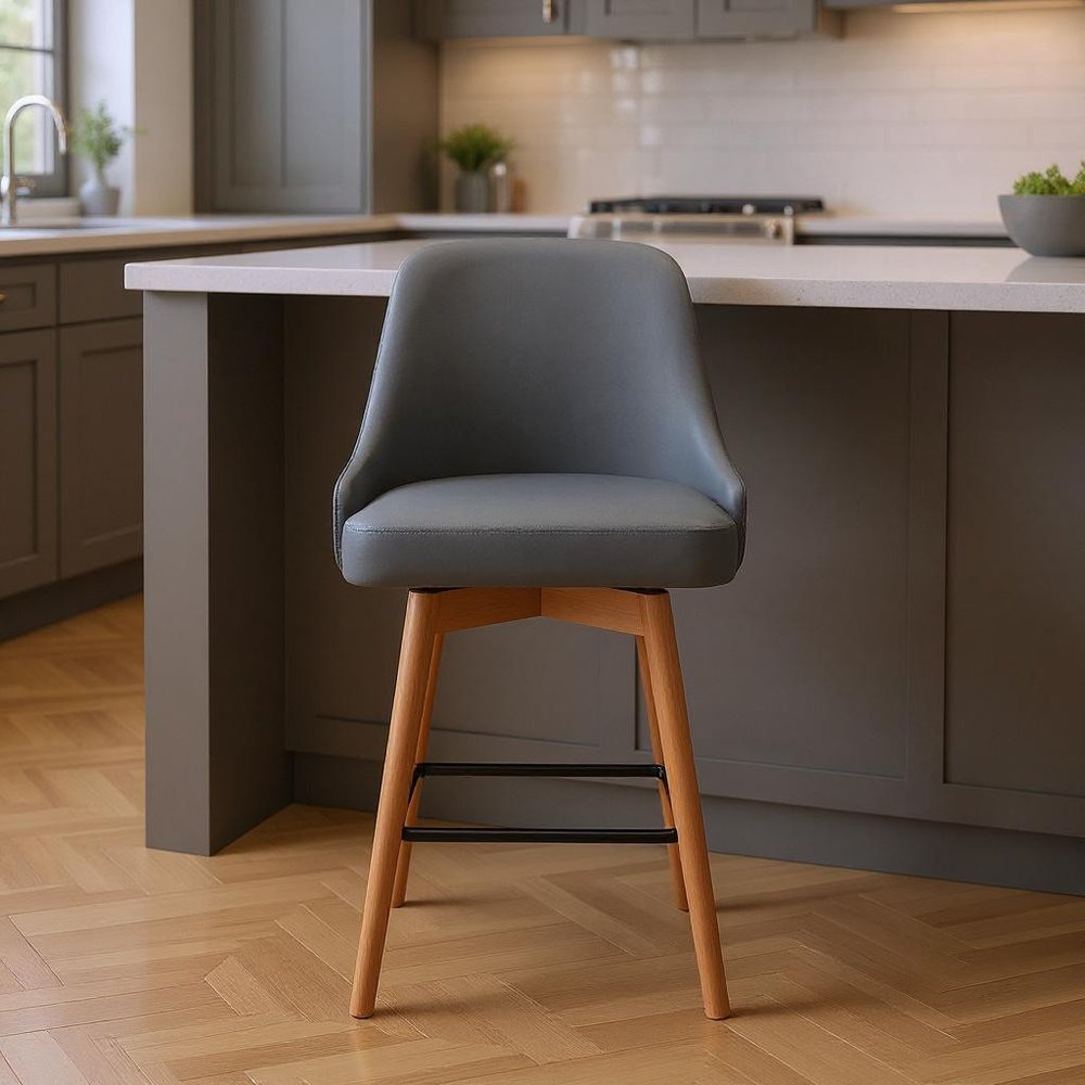 26" Gray And Brown Faux Leather And Fabric And Solid Wood Counter Height Swivel Bar Chair HomeRoots