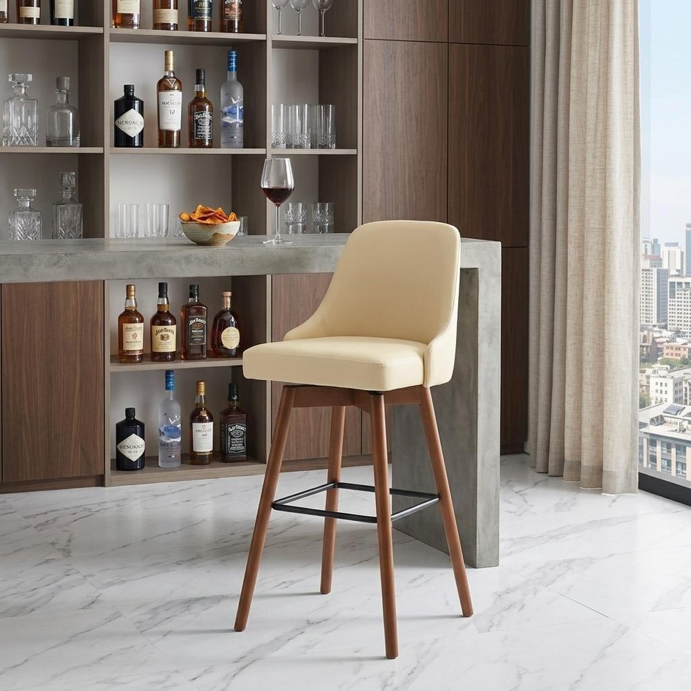 30" Cream And Brown Faux Leather And Fabric And Solid Wood Bar Height Swivel Bar Chair HomeRoots