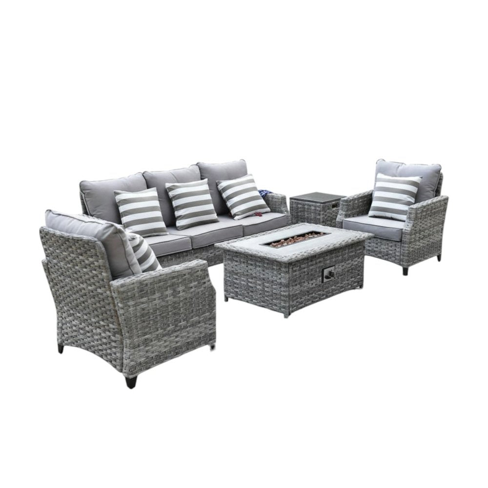 Five Piece Gray Rattan Sofa Seating Group With Fire Pit And Table HomeRoots