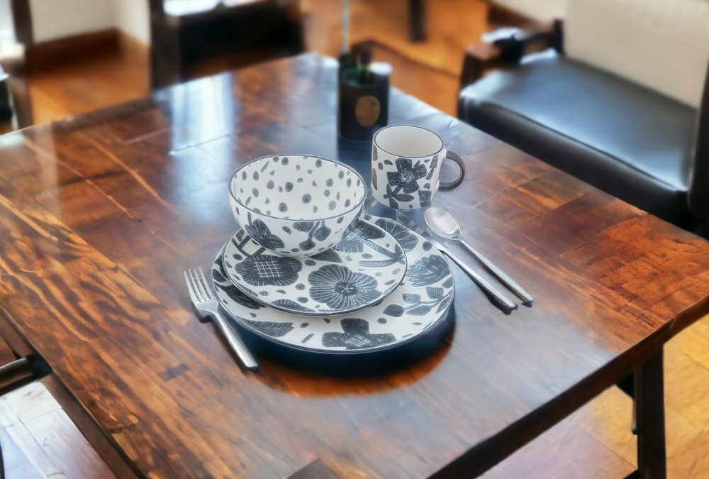 Gray and Ivory Sixteen Piece Round Floral Ceramic Service For Four Dinnerware Set HomeRoots