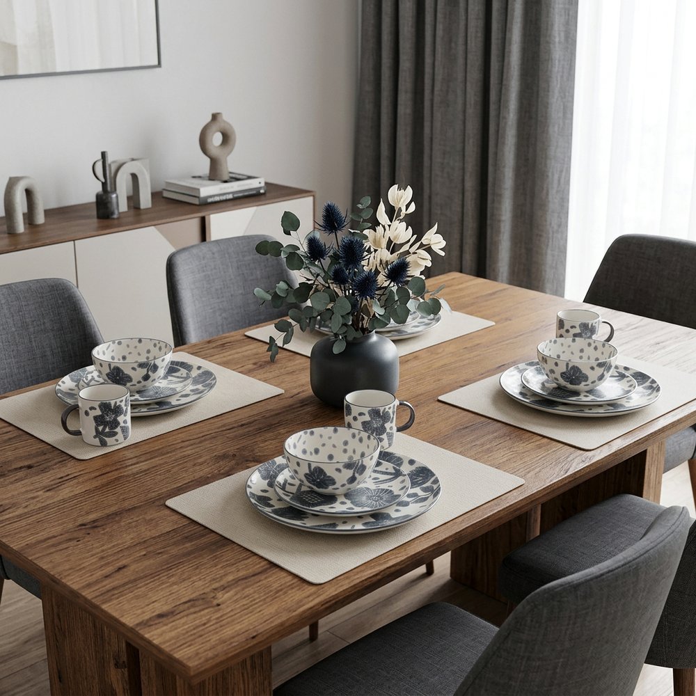 Gray and Ivory Sixteen Piece Round Floral Ceramic Service For Four Dinnerware Set HomeRoots