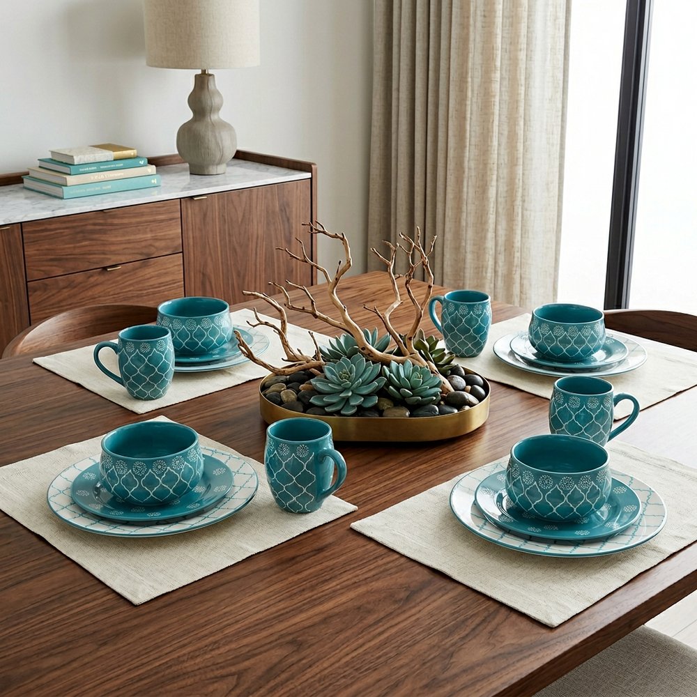 Turquoise Sixteen Piece Round Trellis Ceramic Service For Four Dinnerware Set HomeRoots