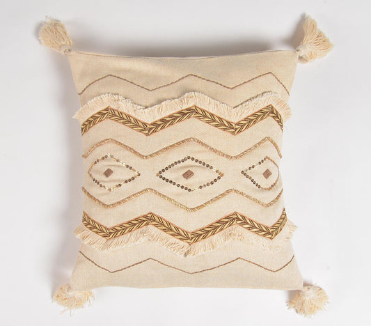 16" Beige and Gold Geometric Cotton Throw Pillow Cover With Sequins, Tassels FurniFindUSA
