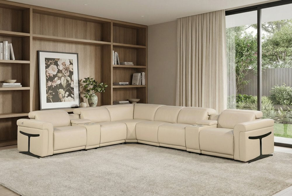 Beige Italian Leather Modular L Shaped Eight Piece Corner Sectional With Console HomeRoots