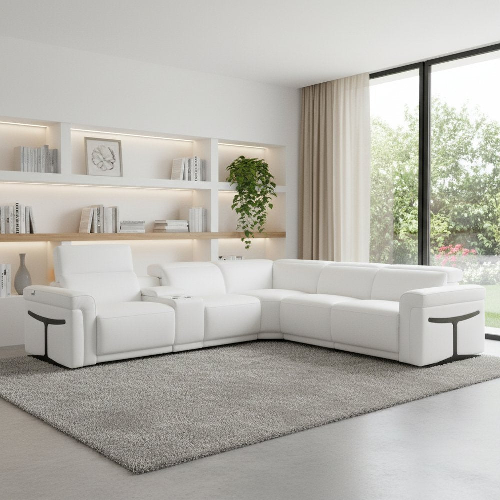 White Italian Leather Modular L Shaped Six Piece Corner Sectional With Console - FurniFindUSA