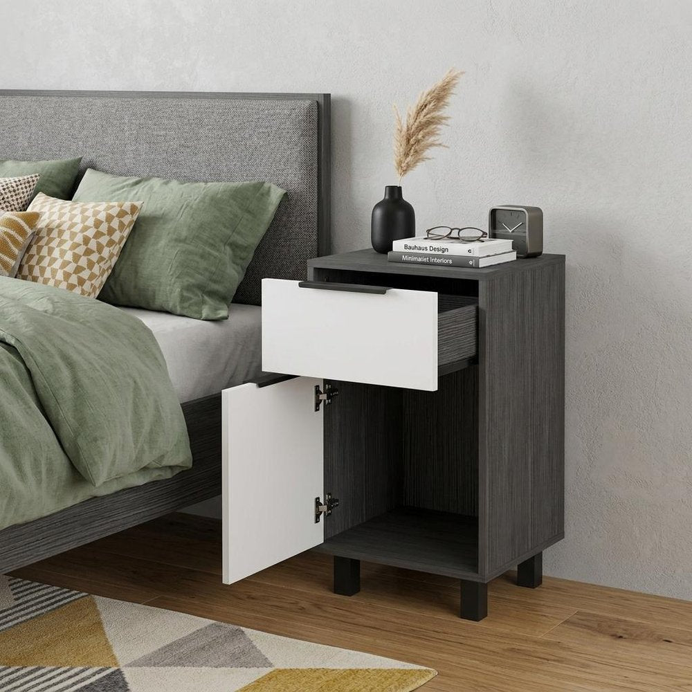 28" Dark Gray And White Wood One Drawer Nightstand HomeRoots