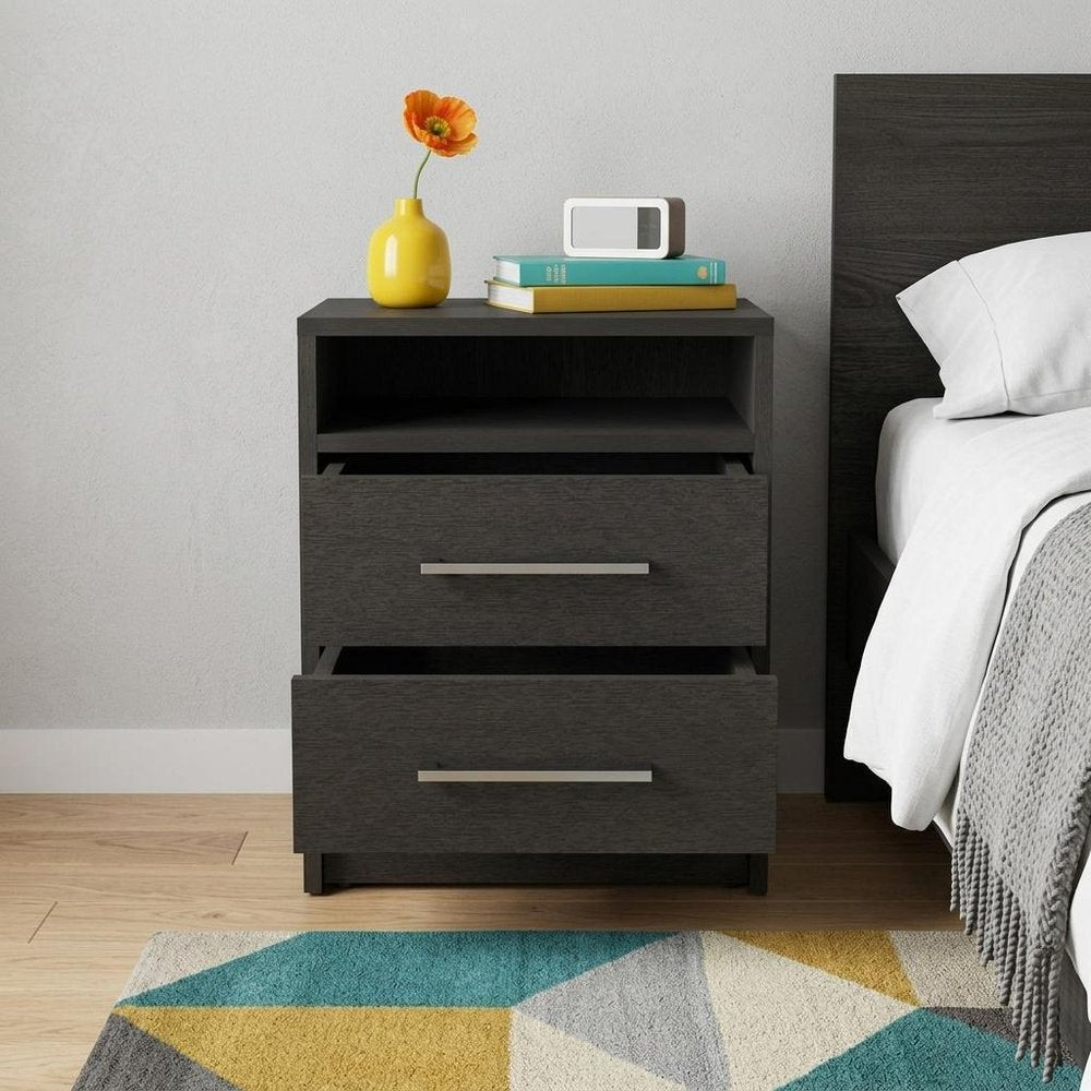 20" Black Wood Two Drawer Nightstand HomeRoots