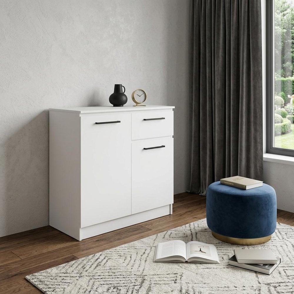 37" White Wood And Metal Two Door Single Drawer Combo Dresser