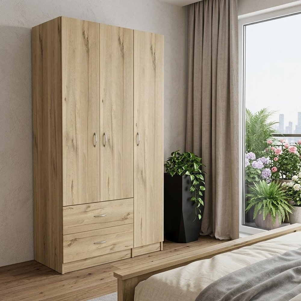 71" Oak Wood And Metal Three Door Two Drawer Combo Dresser