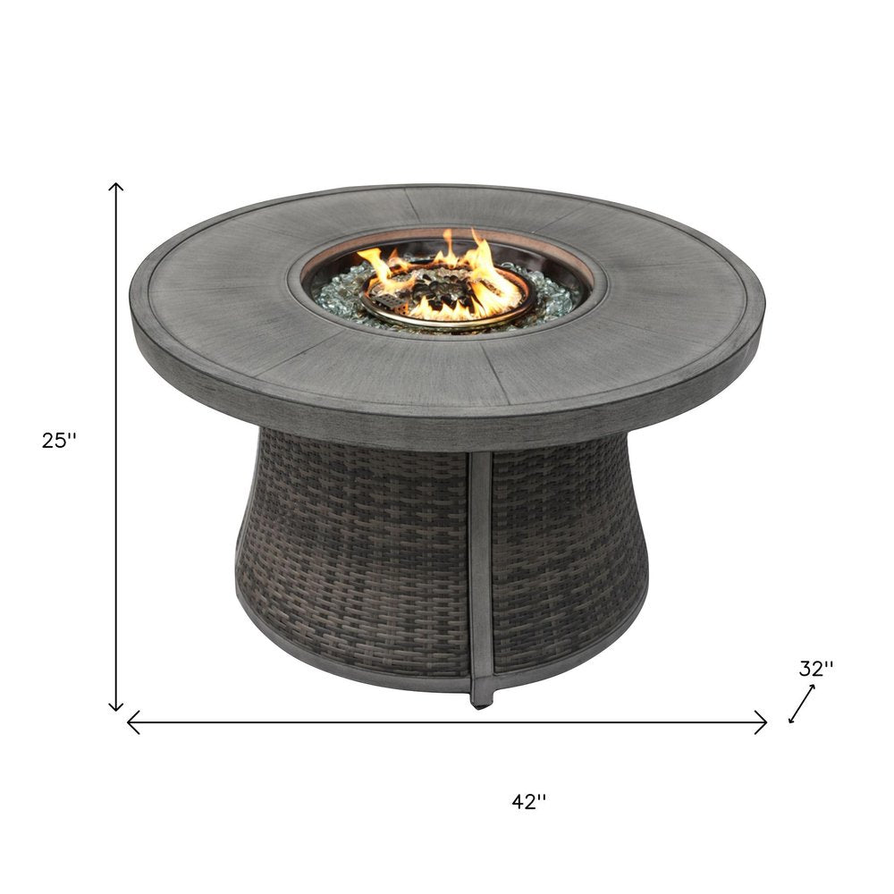 50000 BTU 42" Gray Aluminum And Rattan Propane Round Fire Pit Table With Cover HomeRoots