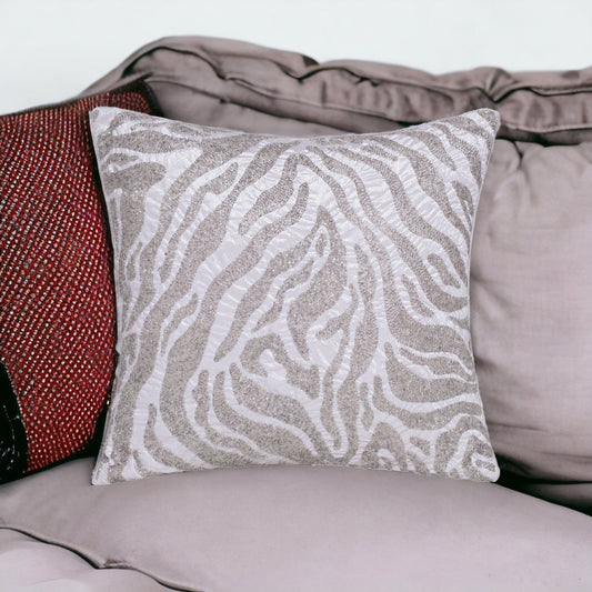20" X 20" Ivory Safari Animals Abstract Polyester Zippered Pillow With Beads FurniFindUSA