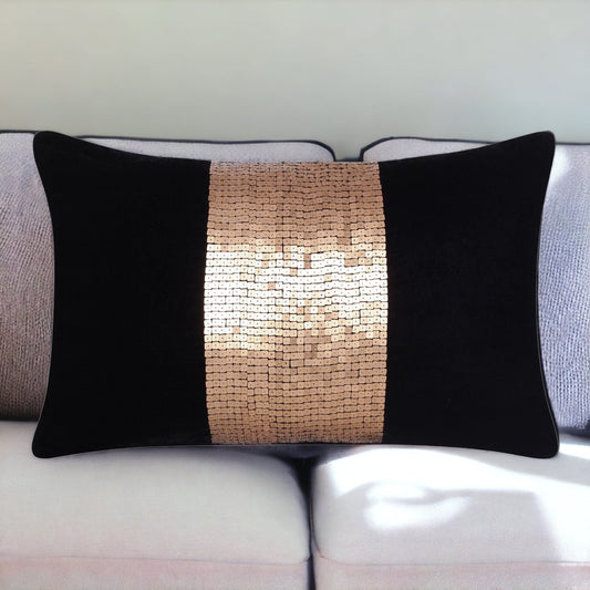 16" X 24" Black Striped Polyester Zippered Pillow With Beads FurniFindUSA