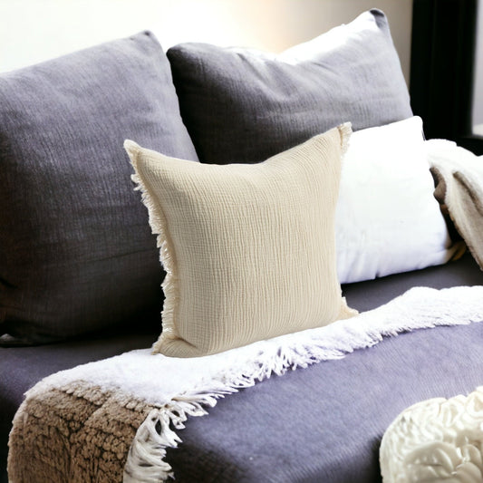 20" X 20" Cream Cotton Zippered Down Pillow With Fringe FurniFindUSA