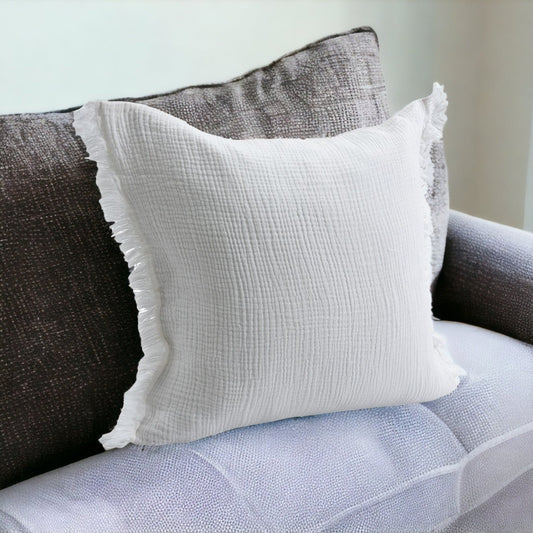 20" X 20" White Cotton Zippered Down Pillow With Fringe FurniFindUSA