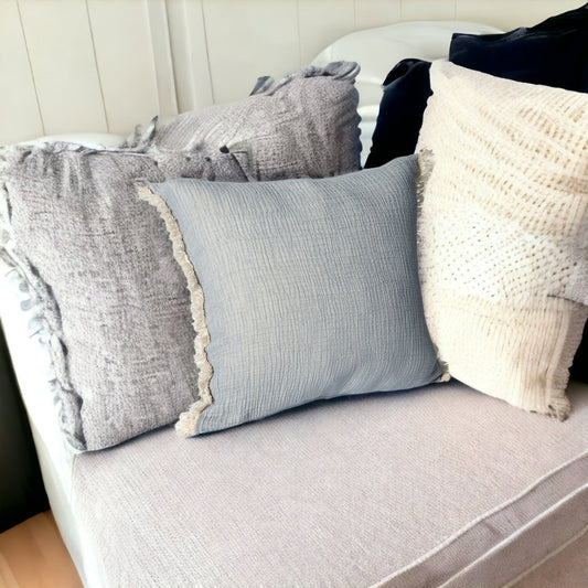 20" X 20" Blue Cotton Zippered Down Pillow With Fringe FurniFindUSA