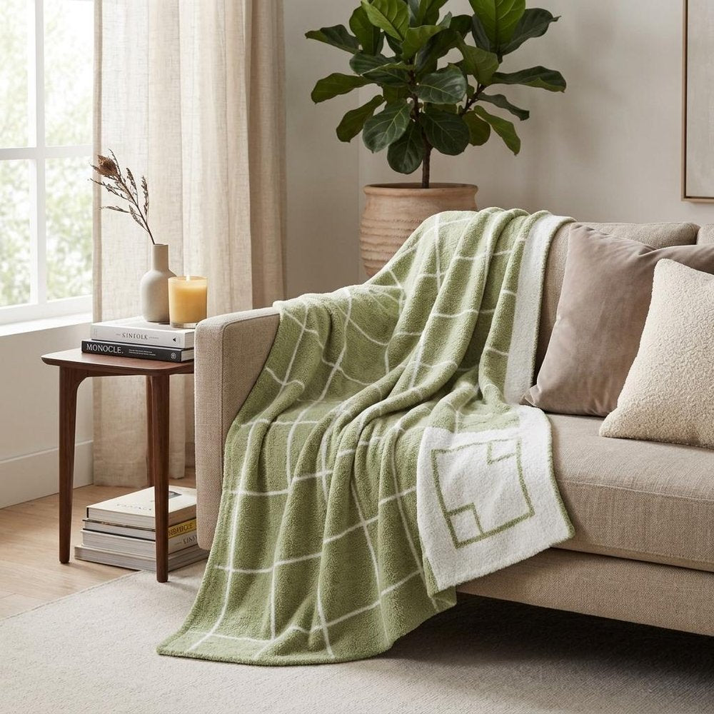 50" X 60" Green and White Fleece Knitted Geometric Plush Throw Blanket HomeRoots