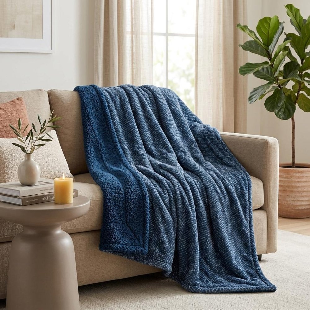 50" X 60" Oxford Blue Faux Fur Herringbone Plush Throw Blanket HomeRoots