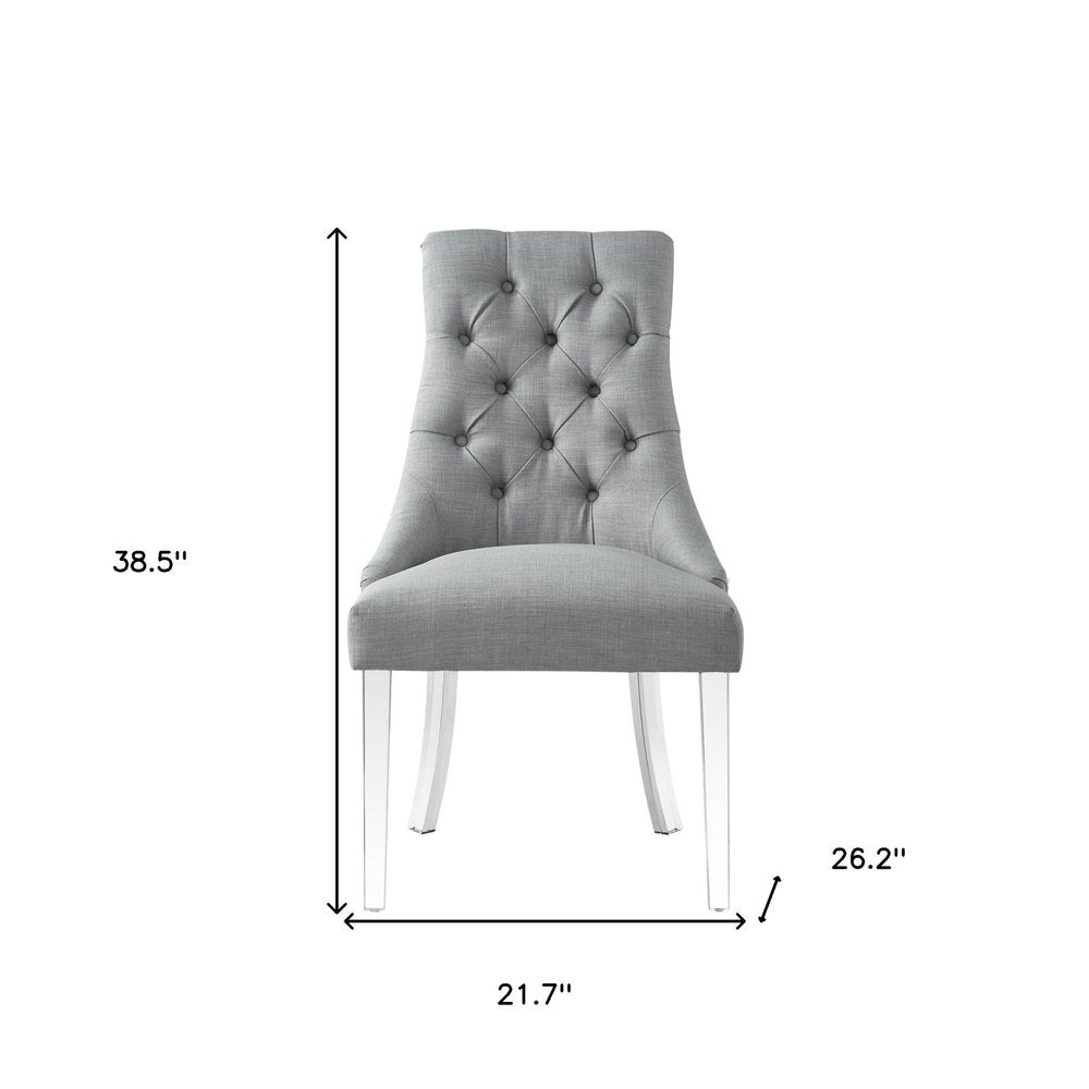 Set of Two Tufted Light Gray and Clear Upholstered Linen Dining Side Chairs HomeRoots