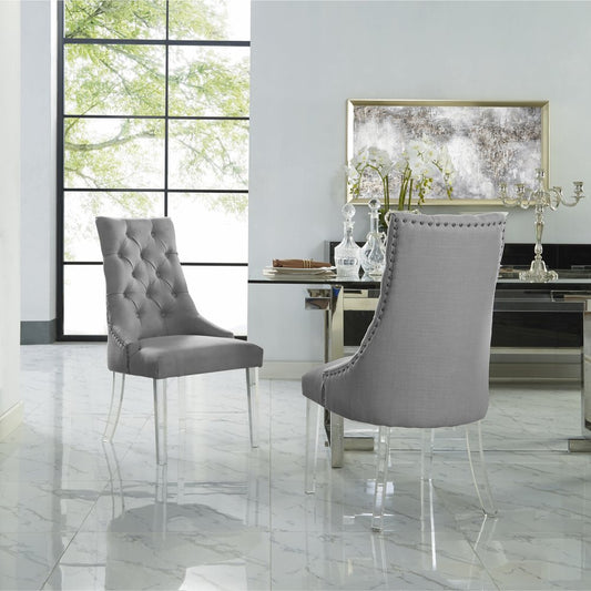 Set of Two Tufted Light Gray and Clear Upholstered Linen Dining Side Chairs HomeRoots