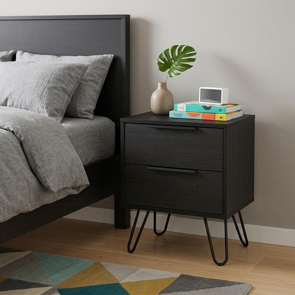 22" Black Wood Two Drawer Nightstand HomeRoots