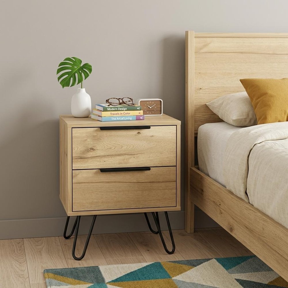 22" Oak Wood Two Drawer Nightstand HomeRoots