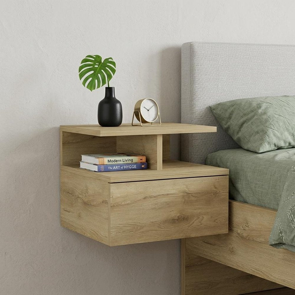 12" Beige Wood One Drawer Floating Nightstand HomeRoots