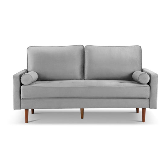 69" Gray Velvet Sofa And Toss Pillows With Dark Brown Legs HomeRoots