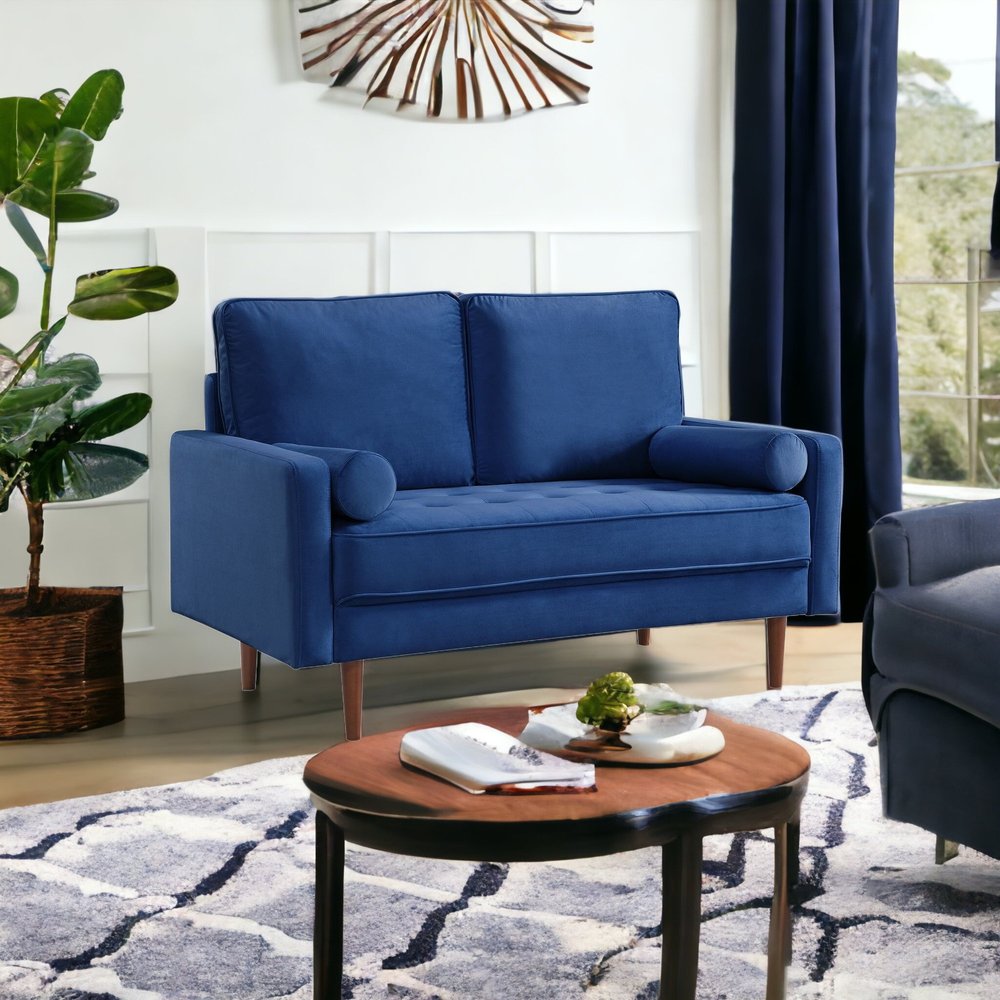 57" Blue And Dark Brown Velvet Loveseat and Toss Pillows HomeRoots