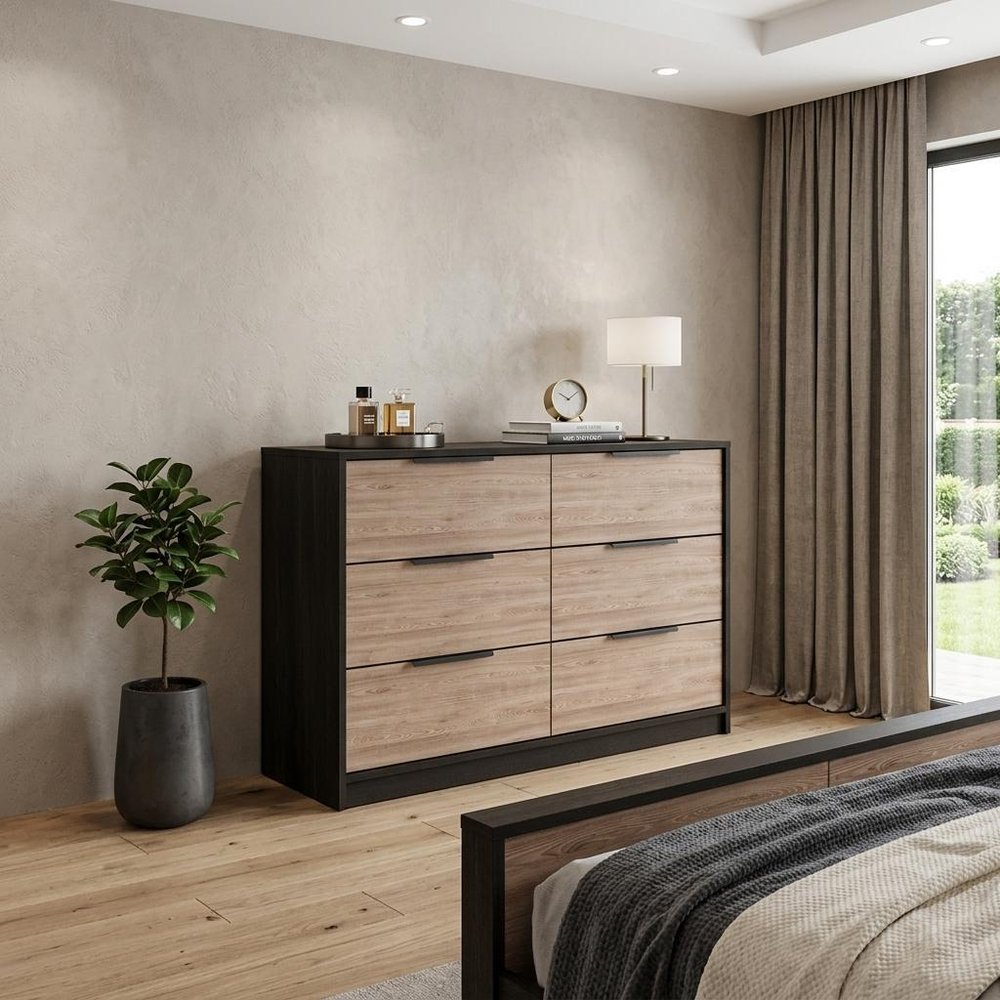 42" Black And Brown Wood Six Drawer Double Dresser