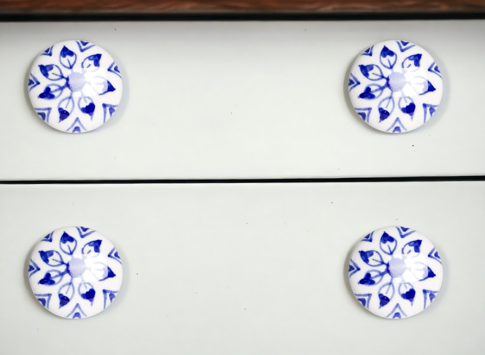 Set of Eight Blue And White Ceramic And Metal Drawer Pull Knobs HomeRoots