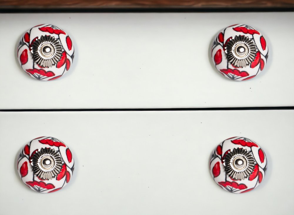 Set of Eight White And Red Ceramic And Metal Drawer Pull Knobs HomeRoots