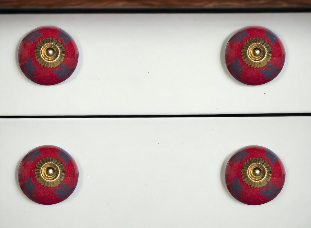 Set of Eight Blue And Red Ceramic And Metal Drawer Pull Knobs HomeRoots