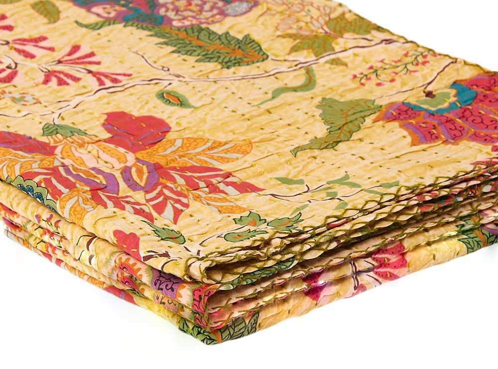 50" X 70" Red Floral Cotton Quilted Kantha Throw Blanket with Embroidery HomeRoots