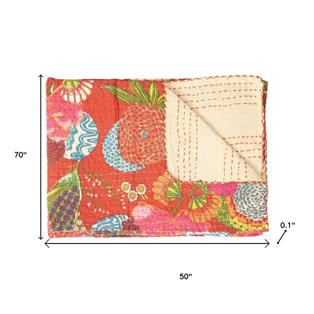 50" X 70" Blue Green And Red Floral Cotton Quilted Kantha Throw Blanket with Embroidery HomeRoots