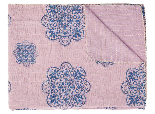 50" X 70" Blue And Pink Floral Cotton Quilted Kantha Throw Blanket with Embroidery HomeRoots