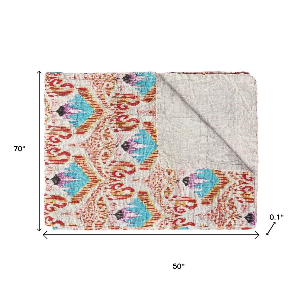 50" X 70" Beige And Pink Ikat Cotton Quilted Kantha Throw Blanket with Embroidery HomeRoots
