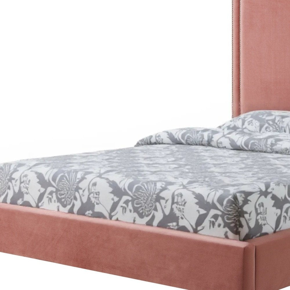 Blush Velvet Upholstered Queen Bed Frame With Nailhead Trim