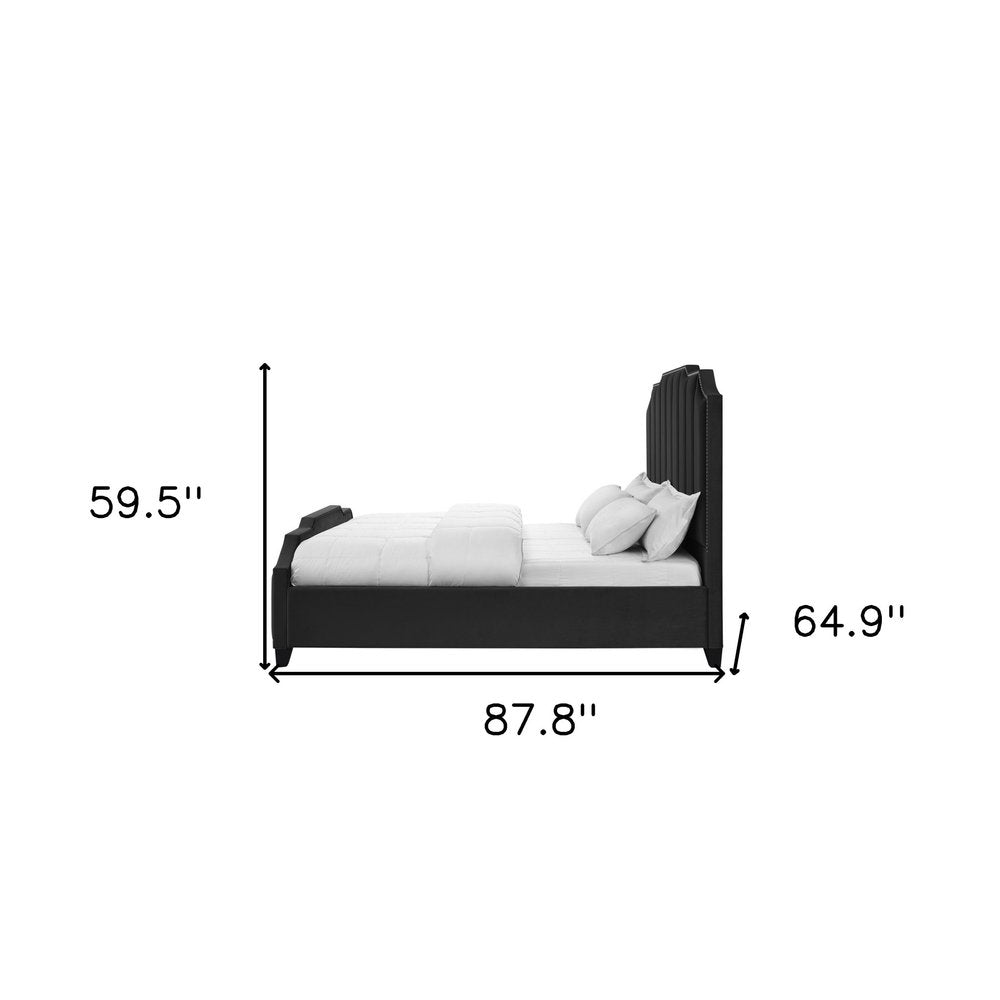 Black Solid Wood Queen Tufted Upholstered Velvet Bed with Nailhead Trim HomeRoots