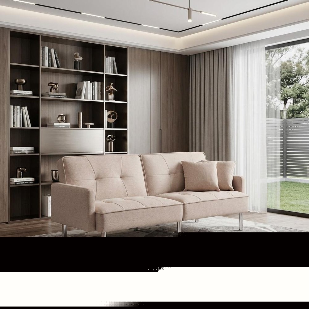 85" Beige Polyester Blend Convertible Futon Sleeper Sofa And Toss Pillows With Silver Legs HomeRoots