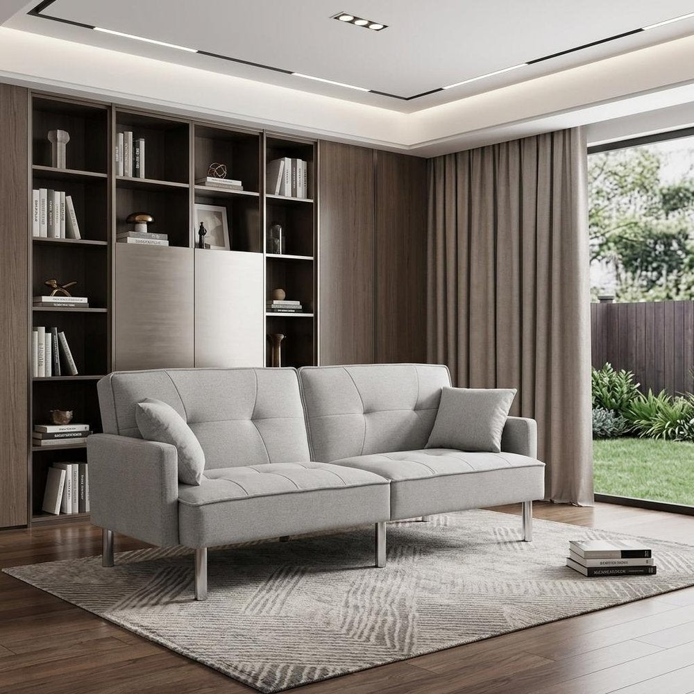 85" Light Gray Polyester Blend Convertible Futon Sleeper Sofa And Toss Pillows With Silver Legs HomeRoots