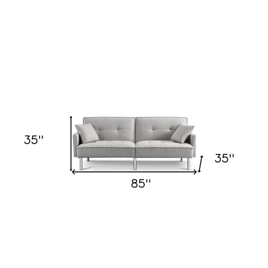 85" Light Gray Polyester Blend Convertible Futon Sleeper Sofa And Toss Pillows With Silver Legs HomeRoots