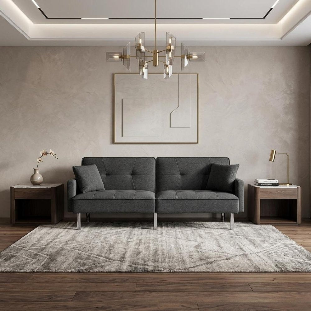 85" Dark Gray Polyester Blend Convertible Futon Sleeper Sofa And Toss Pillows With Silver Legs HomeRoots