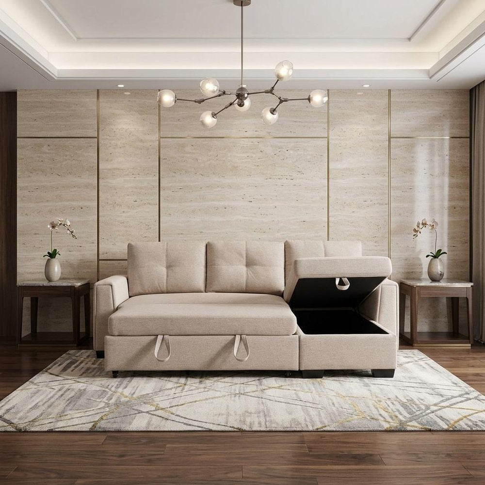 92" Beige Polyester Blend Convertible Futon Sleeper Sofa With Black Legs HomeRoots