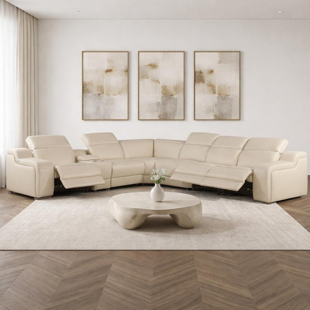 Beige Italian Leather Power Reclining L Shaped Seven Piece Corner Sectional With Console HomeRoots