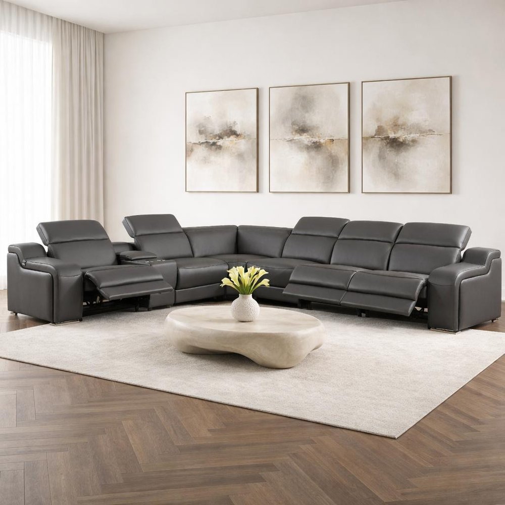 Dark Gray Italian Leather Power Reclining L Shaped Seven Piece Corner Sectional With Console HomeRoots