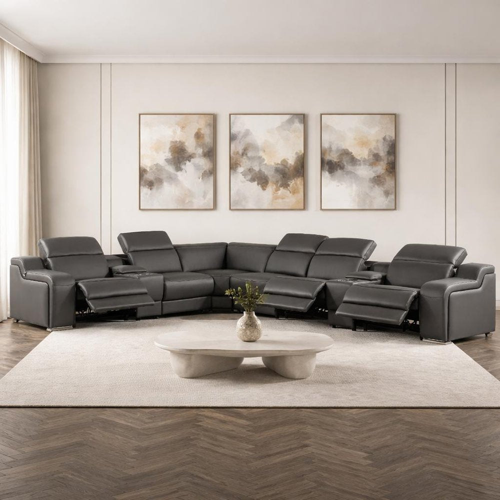 Dark Gray Italian Leather Power Reclining L Shaped Eight Piece Corner Sectional With Console HomeRoots