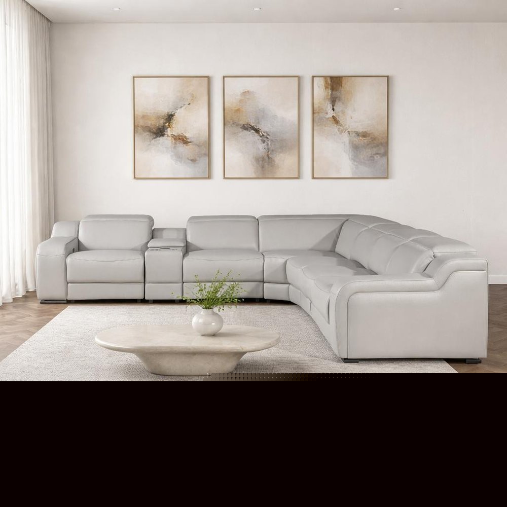 Light Gray Italian Leather Power Reclining Curved Seven Piece Corner Sectional With Console HomeRoots