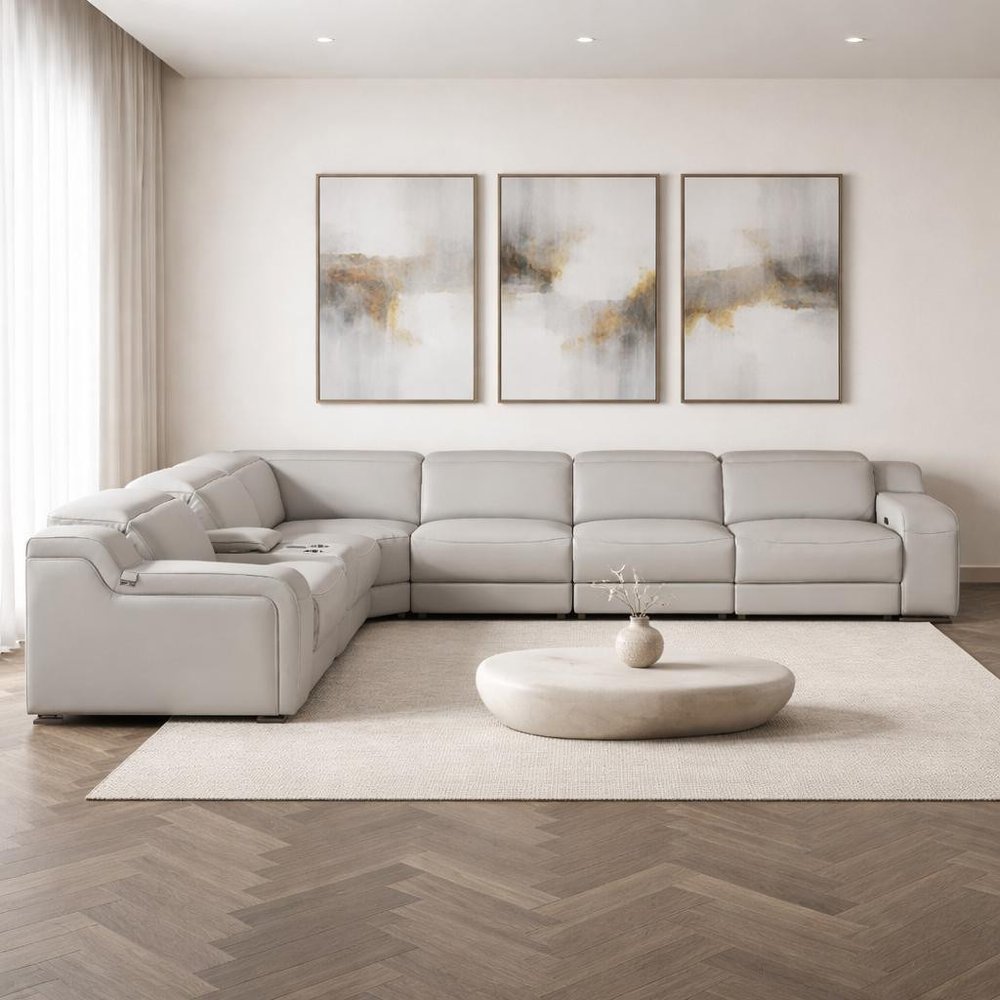 Light Gray Italian Leather Power Reclining L Shaped Seven Piece Corner Sectional With Console HomeRoots