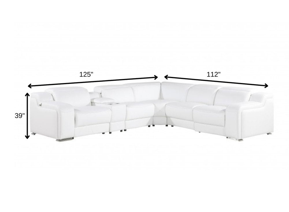 White Italian Leather Power Reclining L Shaped Six Piece Corner Sectional With Console HomeRoots